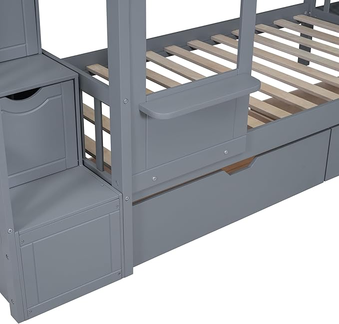 Twin-Over-Twin Castle Style Bunk Bed with 2 Drawers and 3 Shelves, Wood Bunk Bed Frame with Slide and Storage Staircase for Kids Teens Boys Girls, Maximize Space Savings