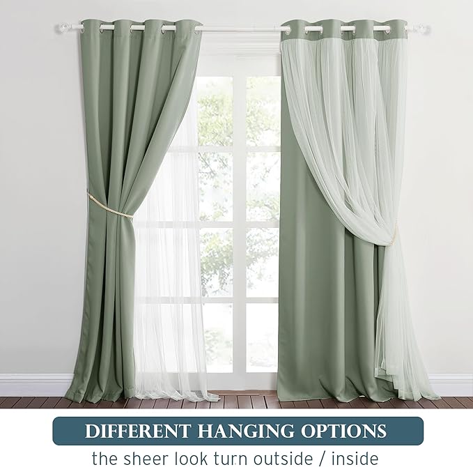 PONY DANCE Living Room Curtains 84 Inch Length - Sheer Overlay Blackout Curtains, 52 inches Wide, Window Treatment Panels, Cortinas De Sala Elegantes (Sage Green, Set of 2, with Extra Tie-Backs)