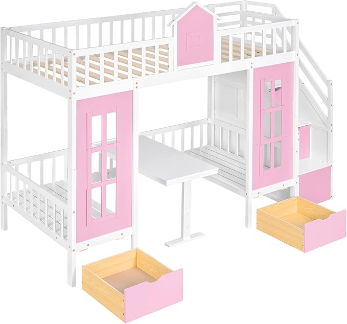 Twin Over Twin Castle House Loft Bed with Stairs and Storage Drawers,Solid Wood Princess Convertible Bunk Bed with Desk and Seat (Pink (Convertible))