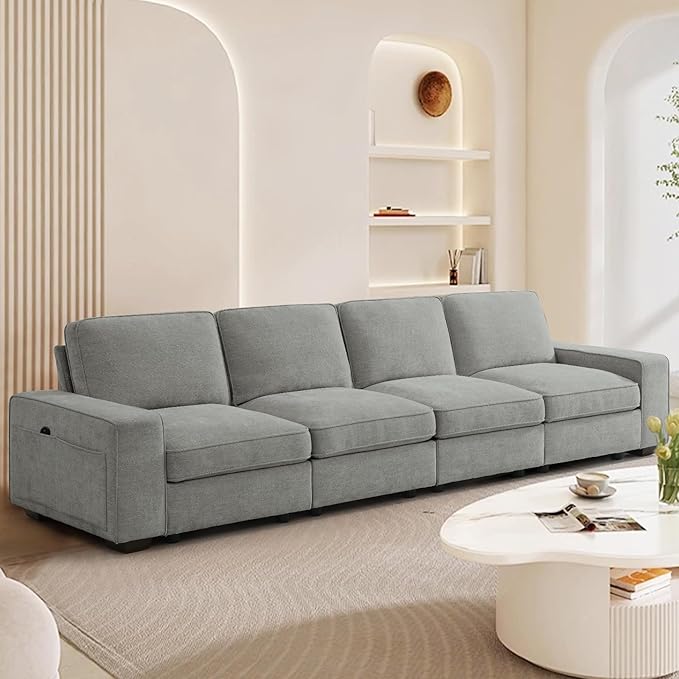 TEKAMON 128" Modular Sofa Couch with Seat Storage, Chenille Sofa,Modern Comfy 4-Seater Couch for Living Room, Office, Apart W/Deep Seat, Wide Armrest, USB, Pockets, Removable Covers (Light Grey)