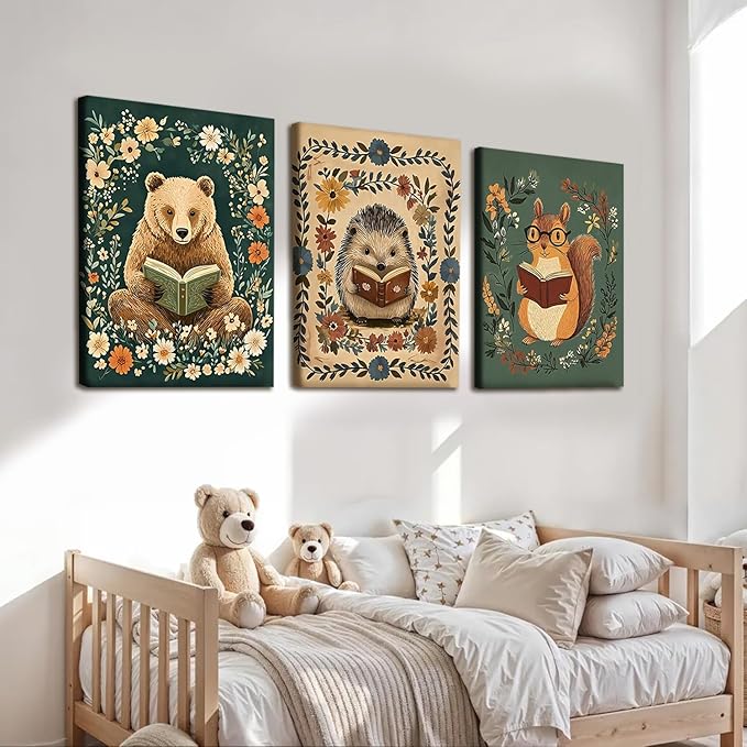 3pcs Animal Reading Canvas Wall Art Cute Woodland Animals Wall Decor Bear Hedgehog Squirrel Pictures Print Bohemian Floral Posters Paintings Suitable for Kids Room Nursery Playroom 12 x 16 Inch