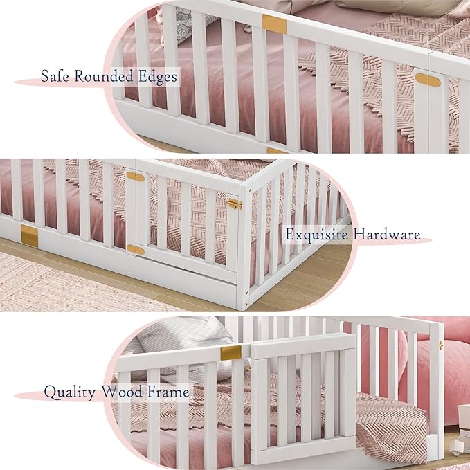 Tatub Full Montessori Floor Bed with High Rails, Solid Wood Montessori Bed Frame for Kids, Door Can Install Left and Right, Full-White