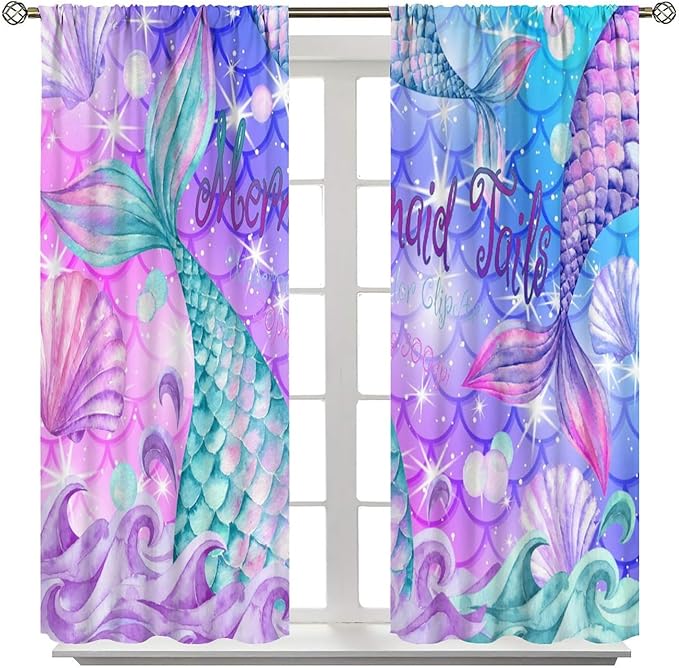 Dream Mermaid Curtain Colorful Mermaid Shell Ocean Theme Fantasy Blackout Curtains for Kids Boys Girls Bedroom Nursery Room Decor Rod Pocket Window Drapes 55x63in