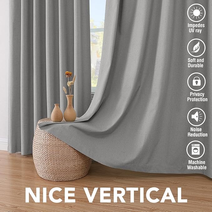 H.VERSAILTEX Primitive Linen Curtains 100% Blackout Curtain Drapes Burlap Curtains with White Thermal Insulated Liner, Grommet Top Drapes Living Room/Bedroom (2 Panels, 42 x 84 Inch, Dove Gray)
