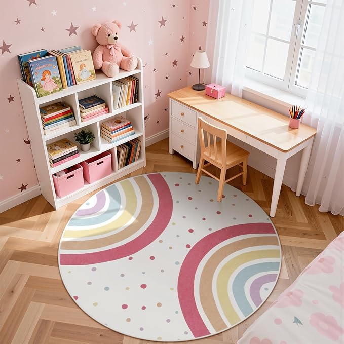 STARUIA Round Rainbow Rug for Girls Bedroom, 4 Ft Washable Kids Rug for Baby Nursery, Non-Slip Circle Area Rug Colorful Princess Carpet for Teen Dorm Playroom Tent