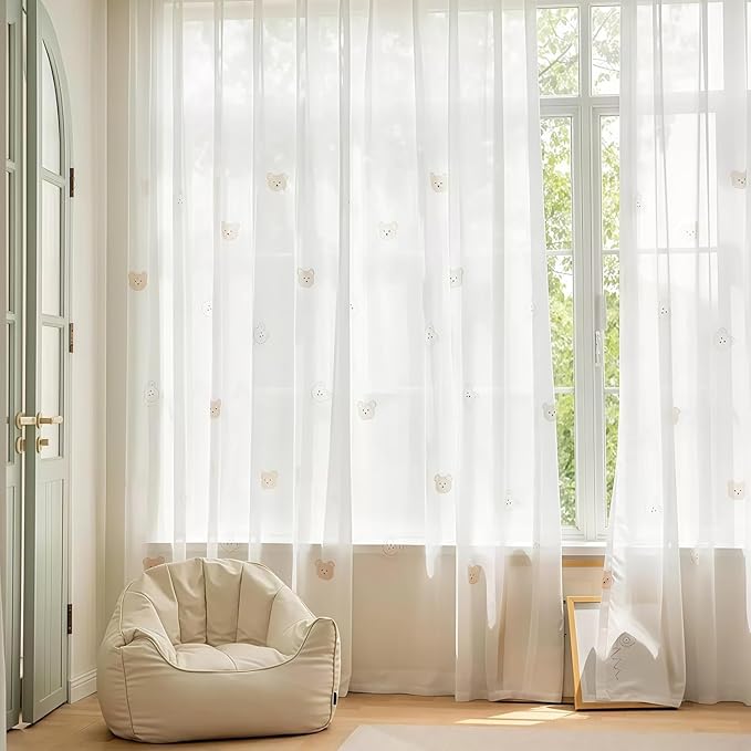 Cartoon Bears Kids Bedroom Sheer Curtains for Babys Room Living Room Grommet Top White Light-Filtering Print Bear Privacy Tulle Curtain for Nursery Baby Play Room 1 Panel (White, W42 L84 inch)