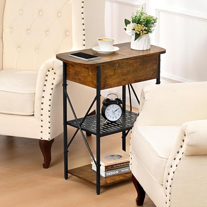 Livofloral Narrow End Table with Charging Station, Side Table with 3 USB Ports and 2 AC Outlets, Flip Top End Table with Storage, Nightstand with Drawer, Side Tables Living Room, Bedroom, Brown