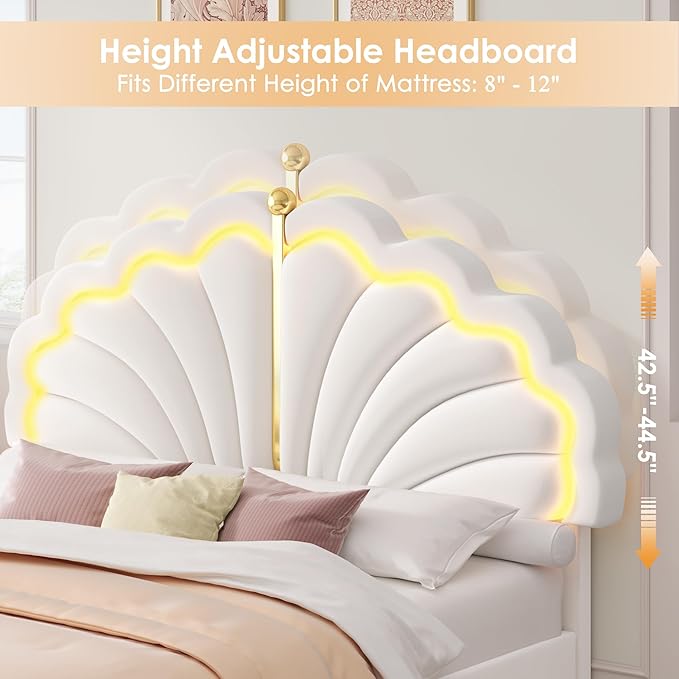 Keyluv Queen Princess Bed Frame with Storage Drawers, Soft Velvet Upholstered LED Platform Bed with Adjustable Modern Shell Headboard, No Box Spring Needed, Noise-Free, Beige