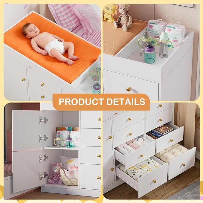 PAKASEPT Changing Table Dresser, Baby Classic Nursery Dresser with 8 Drawers and 2 Cabinet, Multi-Functional Baby Changing Table, Diaper Changing Station for Children's Room