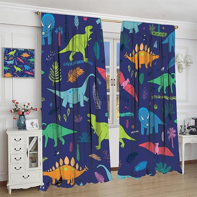 Dinosaurs Blackout Curtains Cute Cartoon Animals Dino Tropical Plant Colorful Art Print for Kids Boys Bedroom Living Room Rod Pocket Decoration Window Drapes 2 Panels W31.5xL72in