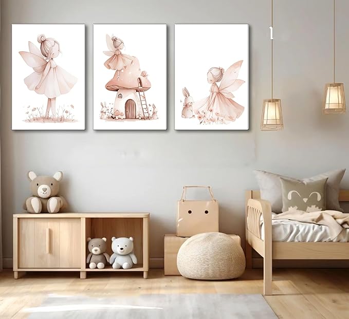 UNDDISINS 3 Pcs Pink Fairy Nursery Canvas Wall Art Girs Room Pink Nursery Painting Picture Wall Decor Cute Fairy Posters Art Fairies Paintings Artwork for Kids Room Toddler GirlRoom Home Decoration