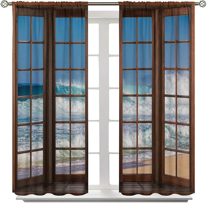 Ocean Beach Curtains,Waves Crashed Beach Hawaiian Seaside Scene Pattern Blackout Print Home Bedroom Living Room Window Treatments 2 Panel Set 72x63 Inch