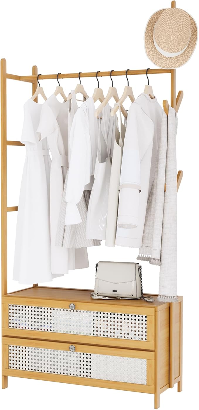 Clothing Rack with Shelves,Bamboo Clothes Rack,Natural Clothes Rack Hanging,Drawers Hanging Racks,Garment Racks with Shelves (27.6inch Width Natural with Rattan Door)