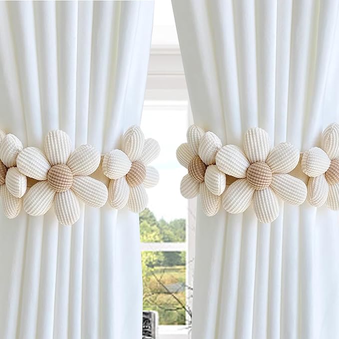 SRG Sunflower Curtain Tiebacks-2 Pack | Daisy Curtain Holdbacks Three Flower | Curtain Tiebacks Boho | Japanese Curtain Ties | Cute Flower Curtain Ties Decorative for Bedroom Window Treatment (Cream)