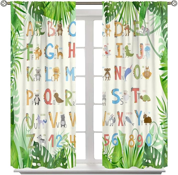 Kids Animal Alphabet Curtain Tropical Plant Alphabet Educational Printed Rod Pocket Blackout Window Drapes for Bedroom Living Room Nursery School 42" W X 63" L