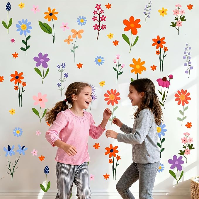 102Pcs Flower Wall Decals Peel and Stick, DIY Spring Themed Floral Wall Stickers, Removable Wildflower Spring Art for Girls Bedroom, Kids Room, Nursery, Living Room, Bathroom, Kitchen Home Wall Decor