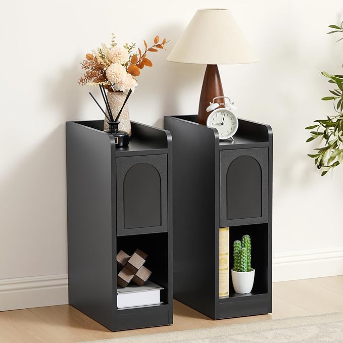 Narrow Nightstand, Slim Bedside Table with Raised Edge Top, Arched Drawer & Open Shelf, Modern Wooden Small Side End Table for Bedroom or Living Room (1, Black)