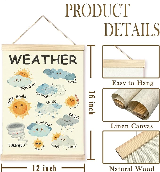 CGBHW Weather Poster Hanger Frame 12x16, Classroom Weather Educational Preschool Poster, Toddlers 1-3 Learning Posters Wall Art Hanging Decor for Toddlers Kids Room Nursery Preschool Playroom