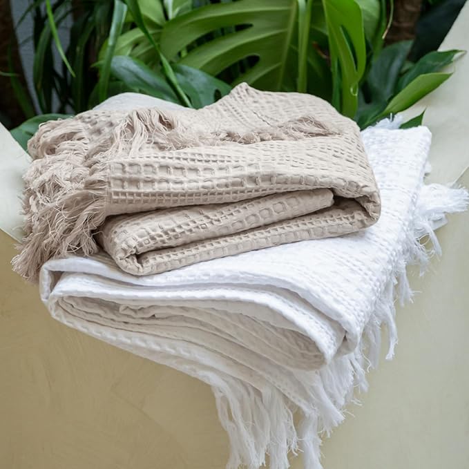 100% Cotton Waffle Blanket with Fringe, Pre-Washed Waffle Weave Blanket for All Season, Lightweight Breathable Soft Cozy Throw Blanket for Couch, Bed, Travel (Beige - 50x60 Inches)