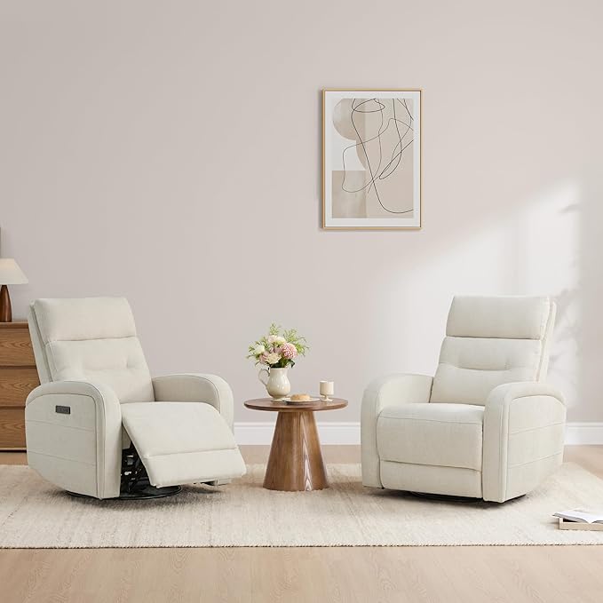Watson & Whitely Swivel Power Recliner with Adjustable Headrest, Recliner Chairs for Adults, Small Glider Rocker for Living Room, Fabric in Linen