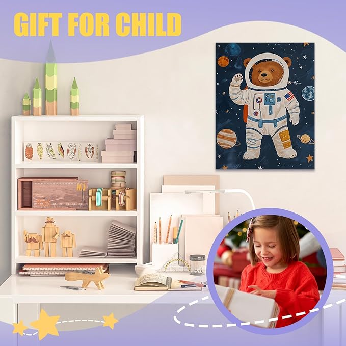 URLLUAE Astronaut Bear Space Wall Art Posters for Kids Room, Cute Outer Space Planet Canvas Poster Prints for Boys Bedroom Classroom Nursery Playroom Wall Decor, 11x14 Inch