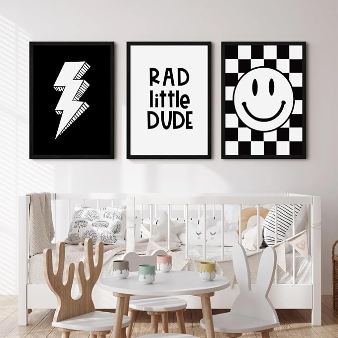 Boys Room Wall Art Decor Toddler Nursery Canvas Wall Art Baby Kids Wall Decor Black Checkered Smiley Poster Pictures Retro Playroom Rad Little Dud Art Prints for Bedroom 12x16x3 Inch Wood Framed