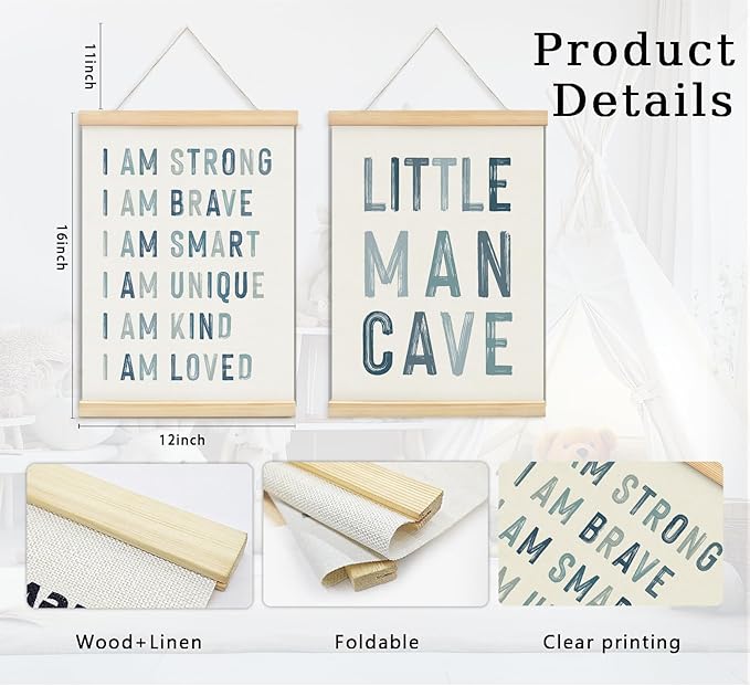 ULEGIE Boy Nursery Decor Posters Framed with Wood Hanger, Little Man Cave Sign for Boys Kids, Boys Room Decor, Toddler Room Decor, Art Prints for Nursery Playroom Bedroom, 2 Pack 12 x 16 Inches-Blue