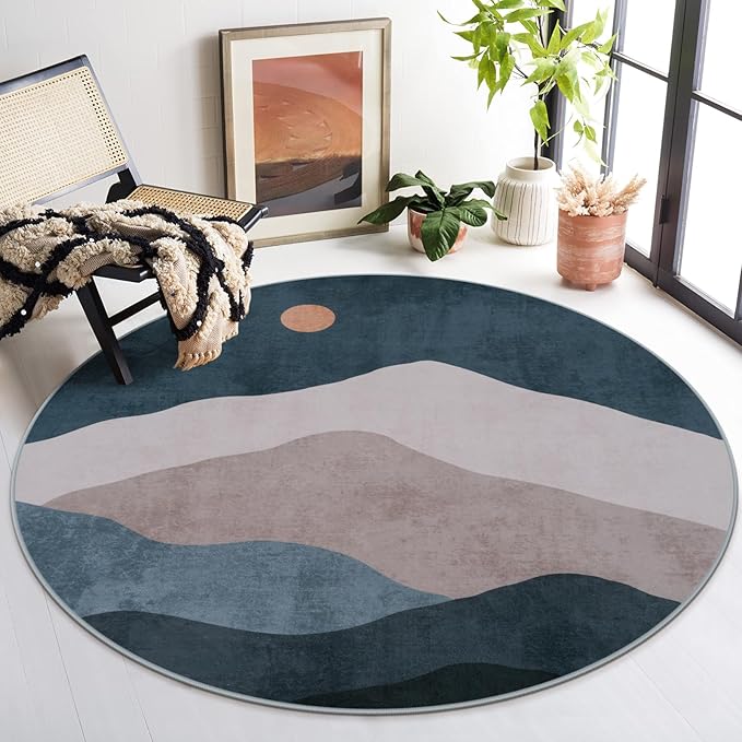 5ft Boho Round Classroom Rug,Abstract Washable Non-Slip Mountain Area Circle Rug,Soft Mountain Low-Pile Circle Throw Rugs for Living Room Sofa Dining Room Decor(Blue)