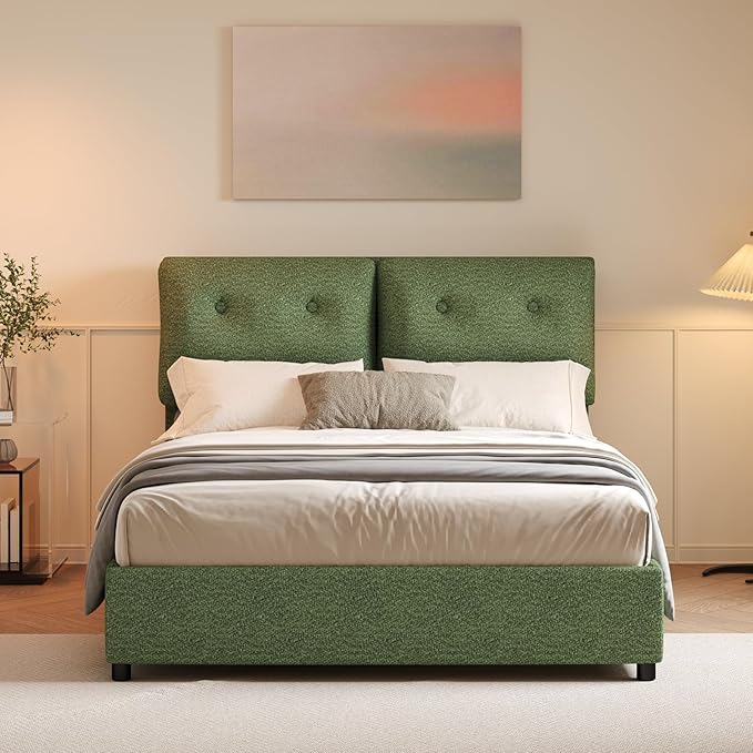 Full Size Bed Frame with Headboard, Cloud Boucle Upholstered Bed Frame, Modern Soft Style, Adjustable Headboard, No Box Spring Needed, Easy Assembly, Green