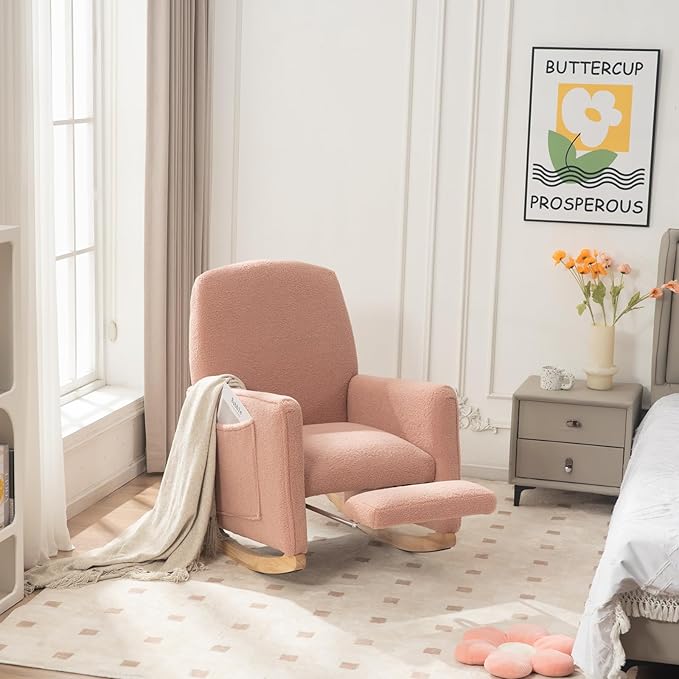 FOXHUNTER Rocking Chair Nursery with Adjustable Footrest and High Backrest, Upholstered Glider Chairs with Side Pockets for Nursery, Rocker Armchair Indoor for Living Room,Pink