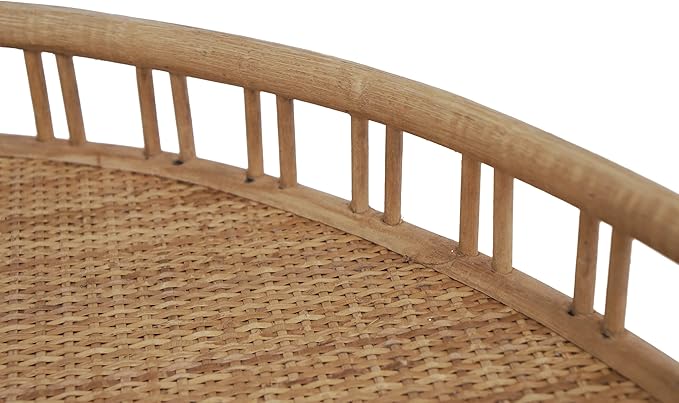 FINECASA Round Rattan Coffee Table, 32'' Wicker Boho Hand-Woven Top, Modern Unique Farmhouse Tray Top Center Table for Living Room Apartment Small Space, Natural Rattan