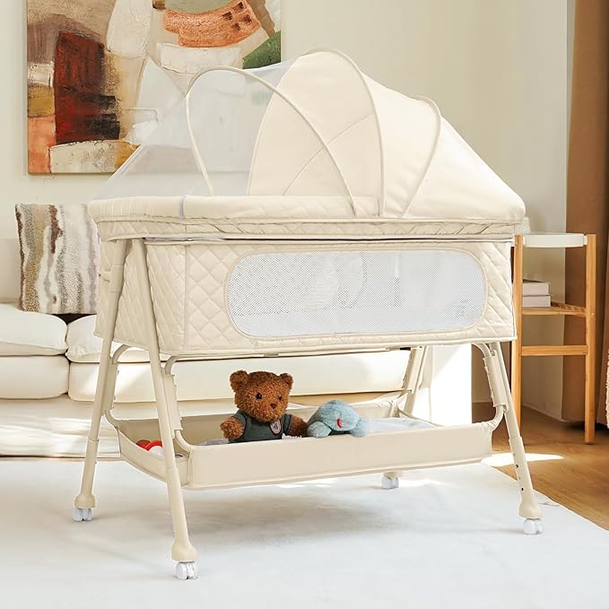 Baby Crib for Newborn, Baby Bassinets Bedside Sleeper with Breathable Mesh & Mattress, Easy Move Crib for Newborns with Lockable Wheels, 4-Adjustable Height Beside Bassinet (Beige)
