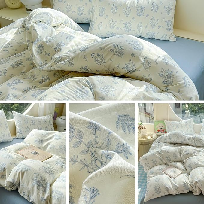 LifeTB Muslin Duvet Cover Set Queen Vintage Botanical Floral Duvet Cover 100% Cotton Linen Feel Flower Bedding Set Super Soft Gauze Comforter Cover Breathable Lightweight Cottagecore Bedding Set