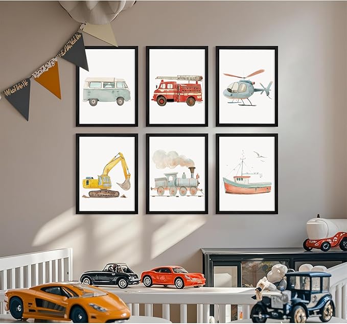 Car Wall Art Boys Room Canvas Wall Decor Nursery Prints Transportation Vehicle Wall Art Kids Toddler Poster Construction Truck Picture Boy Nursery Artwork for Bedroom Playroom 12x16x6 Inch Wood Framed