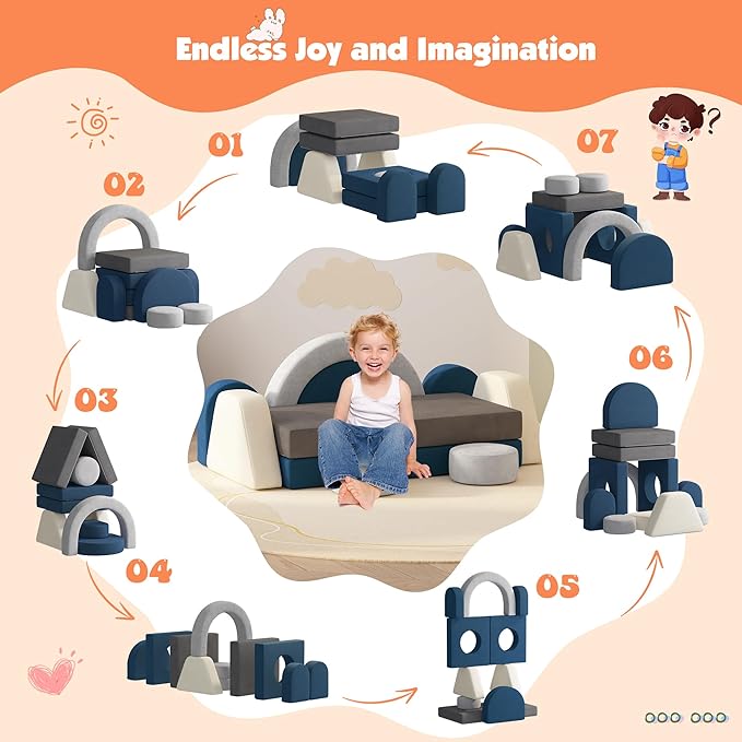 12 PCS Modular Kids Play Block Couch Child Sectional Soft Sofa Toddler Building Fortplay Climbing Bedroom Playroom Baby Convertible Floor Foam Cushion for Boys & Girls (Grey+Beige+Blue)