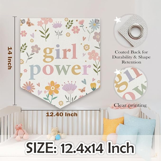 Girls Room Decor – Girl Power Linen Pennant, Floral Canvas Triangle Banner Flag, Wildflower Wall Hanging Decor for Toddler & Baby Girl Nursery, 14.5x12.6 in
