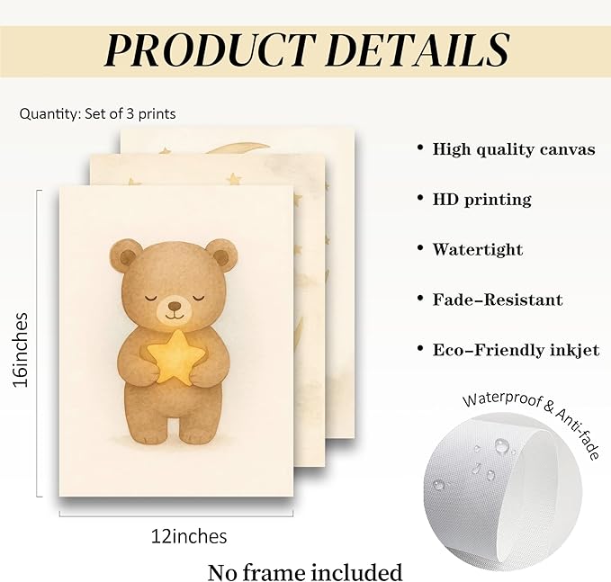 XBQZFLHT 3Pcs Bear Nursery Wall Art Teddy Bear Moon and Stars Canvas Prints Cute Animal Sleeping on the Moon and Cloud Neutral Baby Room Decor Pictures for Boys and Girls 12x16in Unframed