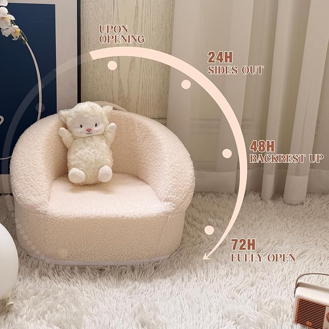 Mini Plush Teddy Bear Kids Sofa Chair - 17.3'' Compact Portable Toddler Chair with Carry Handle, Washable Cover, Safe Sturdy Design - Suitable for Boys and Girls - White