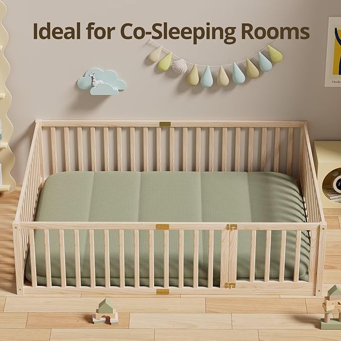 LLS Queen Size Floor Bed with 21.6" High Fence for Kids Boys Girls, Solid Wood Multifunctional Montessori Bed Frame with Door, Without Slats, Natural