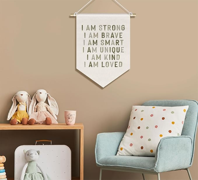 Kids Room Nursery Classroom Decor, Motivational Positive Affirmations Wall Decor for Kid Baby Boy Girl Bedroom Playroom, I Am Kind Hanging Canvas Banner, 15x11in