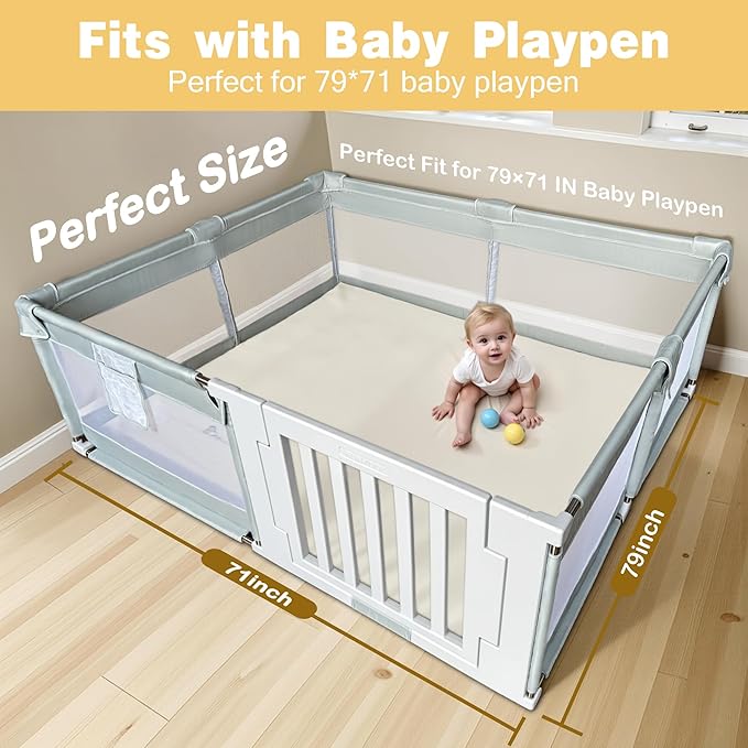 Padded 79" ×71" Large Baby Play Mat for Floor, 1.2" Thick Memory Foam Playmat with Soft Vegan Leather Cover, Cushioned Play Mat for 71" x59" Playpens, Beige
