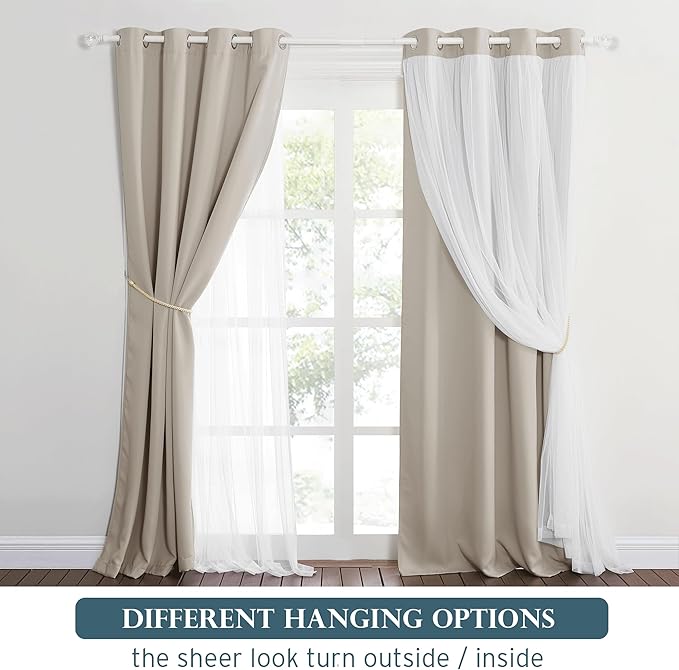 PONY DANCE Double-Layered Curtains - White Sheer Solid Blackout Curtains 72 Inch Length Elegant Grommet Panels for Living Room/Sliding Glass Door (W52xL72, Cream, One Pair)