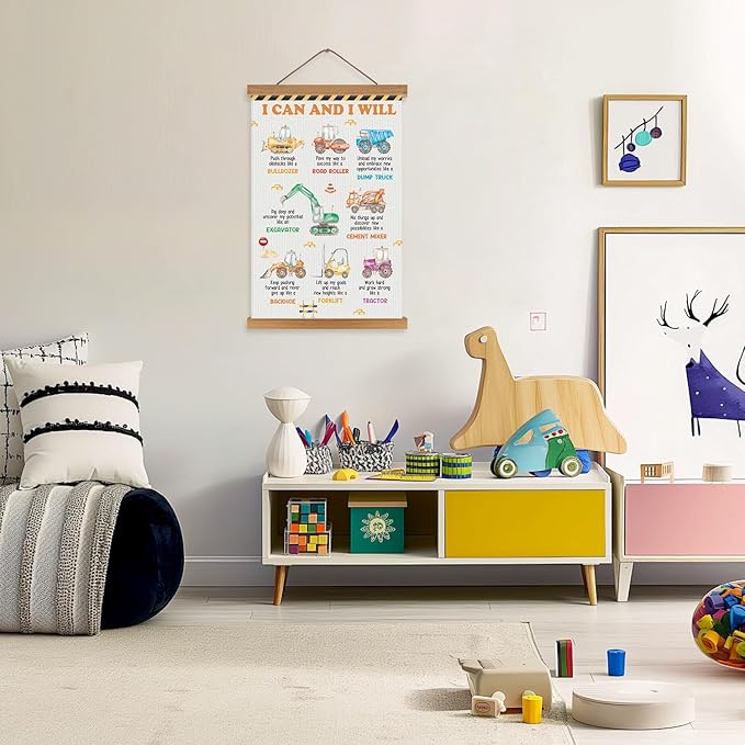 KAIRNE Construction Wall Art,Trucks Positive Affirmations Posters,Inspirational Construction Art Prints,Motivational Quotes Hanging Wall Decoration for Boys Room Living Room Bedroom Playroom Decor