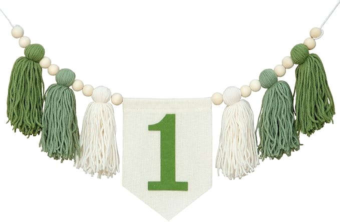 Green Wild One 1st Birthday High Chair Banner First Highchair Banner For Baby Boys Handmade Wall Hangings Boho Wood Bead Tassel Garland 1 Birthday Party Decorations Photoshoot Props Photo Props