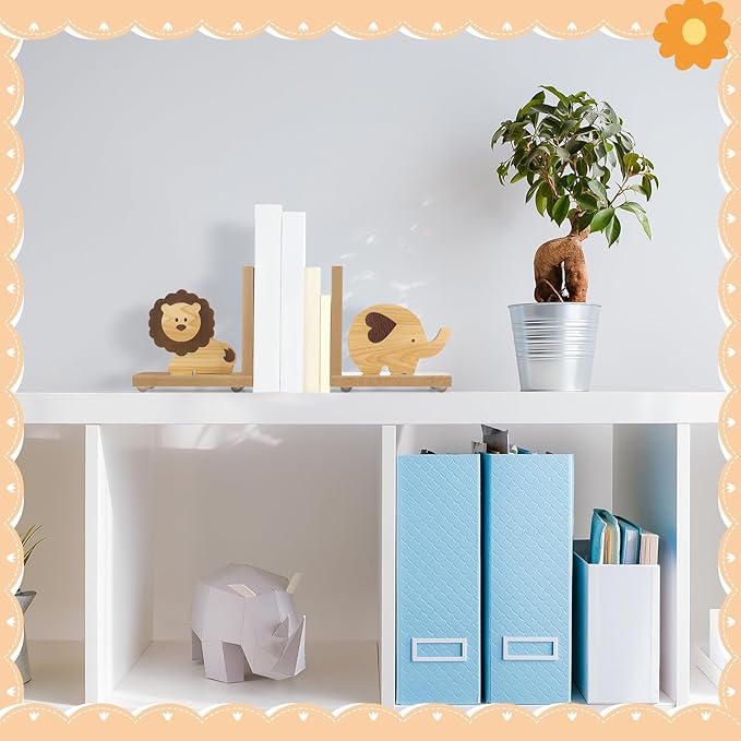 Harloon 2 Pcs Animal Bookends for Kids Wooden Decor Lion Elephant Animal Safari Bookends Decor for Girl Childrens Bedroom Home Nursery