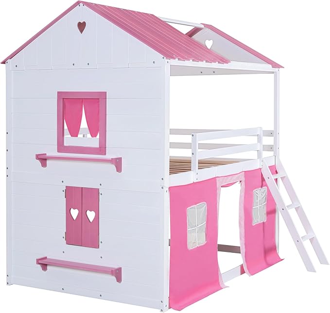 Twin Over Twin Pink Princess Castle Bunk Bed with Tent,Ladders and Guardrail, Solid Wood Playhouse House Floor Bunk Bed with Windows and Roof