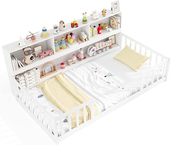 KOMFOTT Twin Floor Bed with Bookcase & Shelves, Wood Bed Frame with Bedside Bookshelves & Guardrails, Versatile 2-in-1 Montessori Floor Bed for Kids (White)