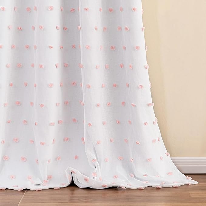 MYSKY HOME 100% Blackout Curtains for Nursery Thermal Insulated Pink Pom Pom Curtain 72 Inch Length for Girls Bedroom 2 Panels Back Tab White Sheer Drapes for Kitchen Dining Room Door, 52W x 72L