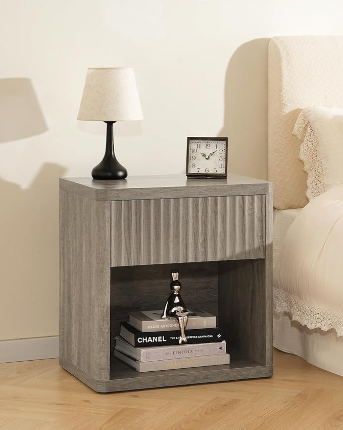 Night Stand Fluted Nightstand with Drawers, Wood Bedside Table with Storage Shelf, Bed Side Table for Bedroom, End Tables Living Room, Modern Nightstands Night Stands, Sofa Side Tables, Grey