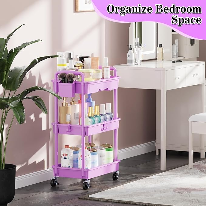 3 Tier Rolling Cart Organizer with Drawer, Bathroom Storage Carts with Wheels & Plastic Shelf, Mobile Storage Organizers for Kitchen, Office, Laundry Room, Baby, Snack, Craft, Makeup, Purple